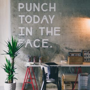 desk, plant, cement wall that says: Punch today in the face