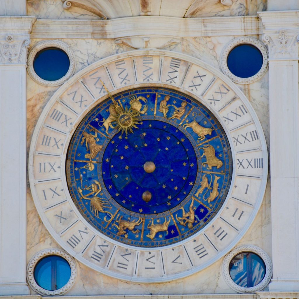 Blue and gold decorative round chart showing 12 zodiac symbols